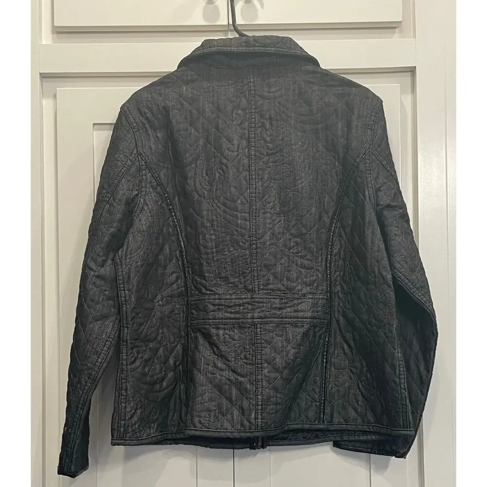 Chico's Charcoal  Black Floral Quilted Jacket Blazer 3/XL Faux Leather accents
